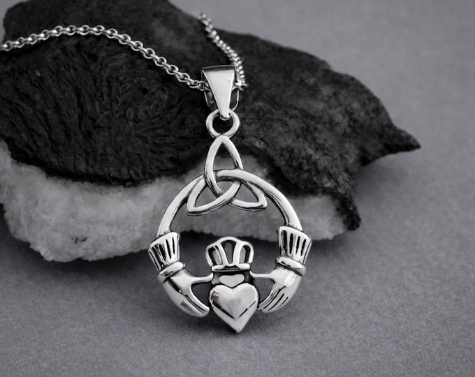 Sterling Silver Claddagh Necklace, Celtic Charm, Triquetra Trinity Knot Pendant, Irish Friendship Gift, Gaelic Jewelry