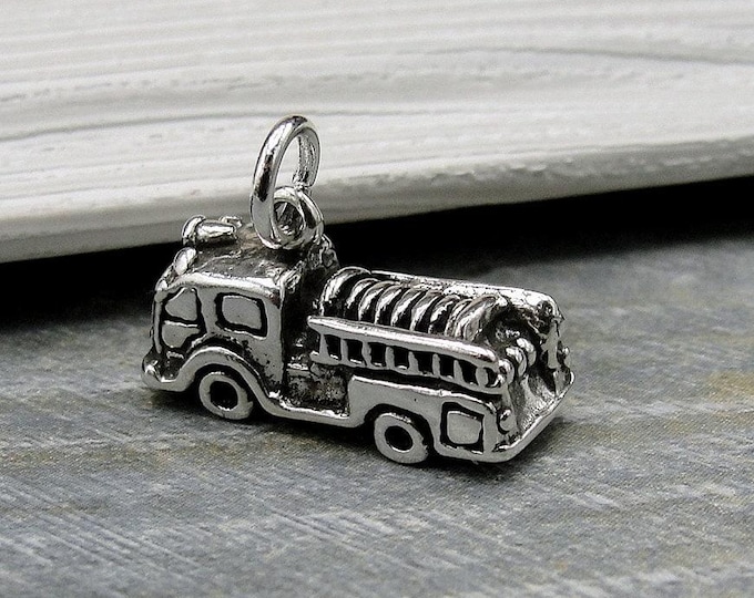 925 Sterling Silver 3D Fire Engine Charm, 3D Fire Truck Charm, Firefighter Charm, Fireman Firefighter Gift, Bracelet Charm, Necklace Charm