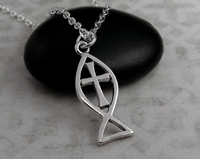 Silver Christian Fish with Cross Necklace, Jesus Fish Necklace, Ichthus Fish Charm, Religious Necklace, Fish Cross Necklace, Church Necklace