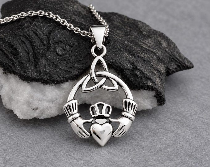 Sterling Silver Claddagh Necklace, Celtic Charm, Triquetra Trinity Knot Pendant, Irish Friendship Gift, Gaelic Jewelry