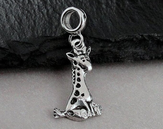 Giraffe European Charm, Silver Giraffe Dangle Charm, Baby Giraffe Charm with Bail, Giraffe Bracelet Charm, Giraffe Large Hole Bead