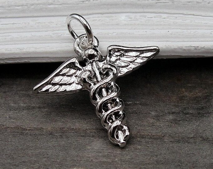Medical Caduceus Charm, Silver Caduceus Symbol Charm for Necklace or Bracelet, Doctor Charm, Nurse Charm, Medical Symbol Charm