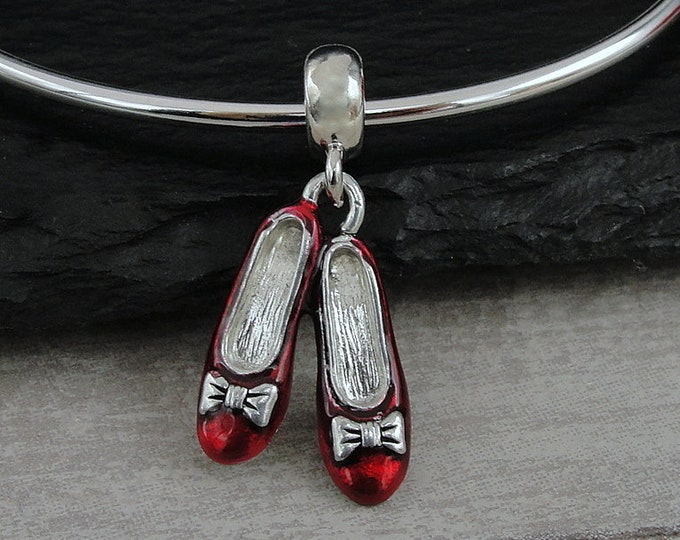 Ruby Slippers European Charm, Silver and Red Ruby Slippers Dangle Charm, Red Shoes Charm with Bail, Ballerina Shoes Charm, Large Hole Bead