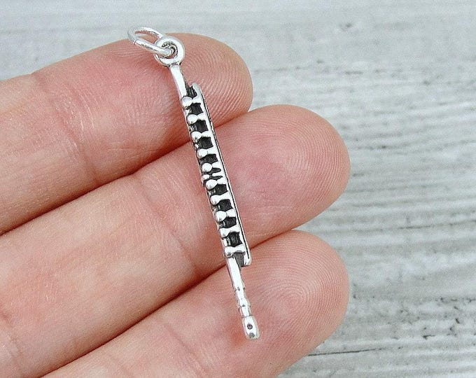 Flute Charm, 925 Sterling Silver 3D Flute Necklace Charm, Musical Instrument Charm, Woodwind Charm, Flutist Charm, Flute Player Gift Jewelry