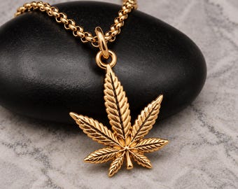 Gold Marijuana Leaf Necklace, Cannabis Charm, Weed Pendant on Gold Chain, 420 Jewelry, Hemp Leaf Necklace, Stoner Gift