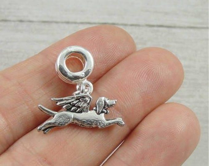 Dog with Angel Wings European Dangle Bead Charm - Silver Dog Remembrance Memorial Charm for European Bracelet