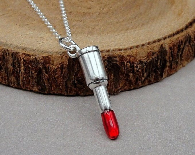 925 Sterling Silver Lipstick Necklace, Red Lipstick Charm Necklace, 3D Lipstick Charm, Beauty Charm, Fashion Charm, Makeup Charm