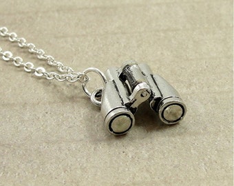 Binoculars Necklace (moveable), Silver Plated Binoculars Charm on a Silver Cable Chain