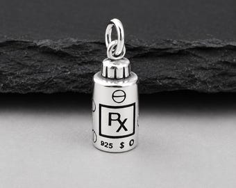 Sterling Silver RX Pill Bottle Charm, Prescription RX Charm, Pharmacist Charm, Bracelet Charm, Necklace Charm, Medical Pharmacist Gift