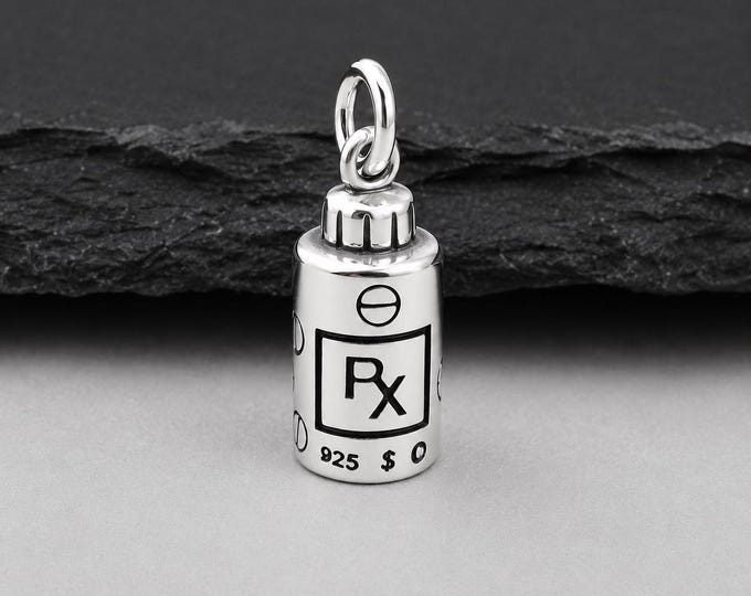 Sterling Silver RX Pill Bottle Charm, Prescription RX Charm, Pharmacist Charm, Bracelet Charm, Necklace Charm, Medical Pharmacist Gift