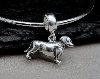 Dachshund European Charm, Sterling Silver 3D Dachshund Dangle Charm, Dachshund Charm with Bail, Snake Bracelet Charm, Large Hole Bead