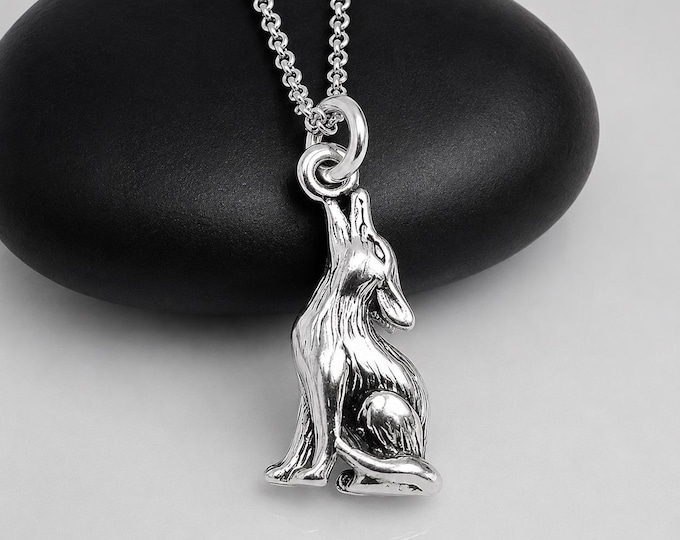 Sterling Silver Wolf Necklace, Howling Wolf Charm, 3D Coyote Pendant, 925 Silver Animal Jewelry, Werewolf Gift