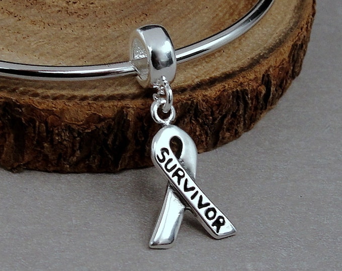 Sterling Silver Survivor Ribbon European Charm, Cancer Survivor Dangle Charm, Awareness Ribbon Charm with Bail, Large Hole Bead