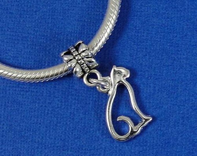 Cat Silhouette European Dangle Bead Charm - Silver Cat Outline Charm for European Bracelet