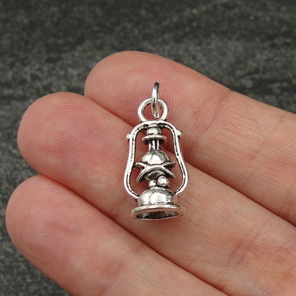 Oil Lantern Charm, Silver Oil Lamp Charm for Necklace or Bracelet, Hurricane Lantern Necklace Charm, Camping Charm, Camping Gift