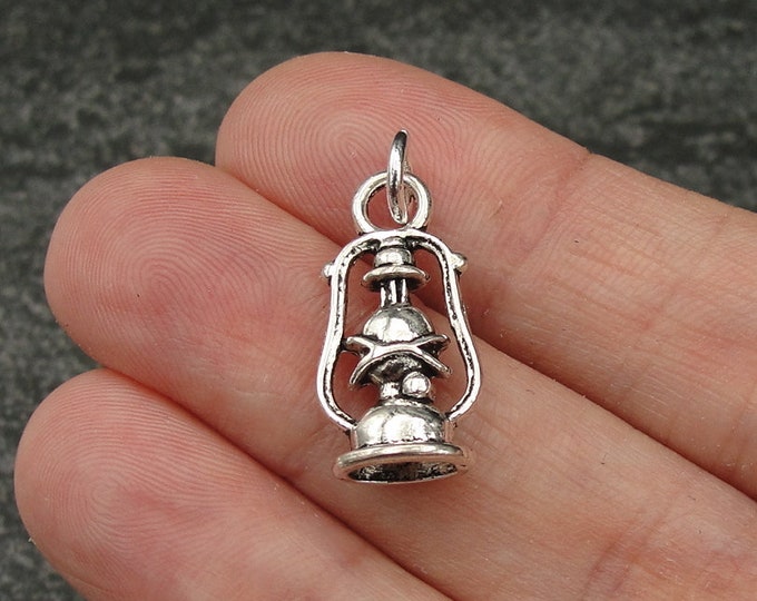 Oil Lantern Charm, Silver Oil Lamp Charm for Necklace or Bracelet, Hurricane Lantern Necklace Charm, Camping Charm, Camping Gift