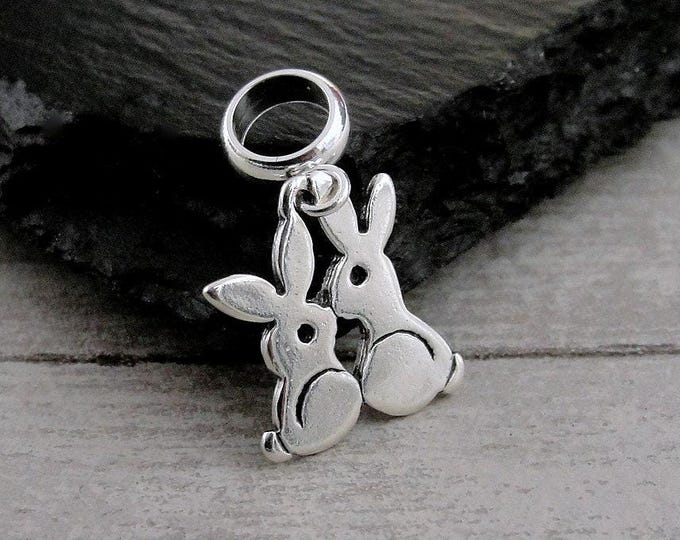 925 Sterling Silver Kissing Bunnies Dangle Bead Charm, Rabbit European Charm,Bunny Charm, Bracelet Charm, Large Hole Bead, Bunny Rabbit Gift