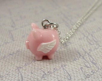 Flying Pig Necklace, Pig with Wings Charm on a Silver Plated Cable Chain