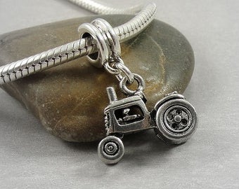 Farm Tractor European Dangle Bead Charm - Silver Tractor Charm for European Bracelet