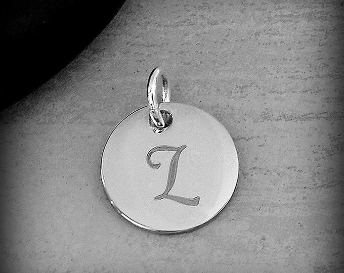 Stainless Steel Letter L Charm, Silver Engraved Letter L Round Disc Initial Charm, Cursive L Charm, Engraved Alphabet Script Font Pendant