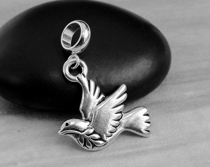 Peace Dove European Charm, Silver Peace Dove Dangle Charm, Dove with Olive Branch Charm, Peace Bird Charm, Peace Symbol Charm Jewelry