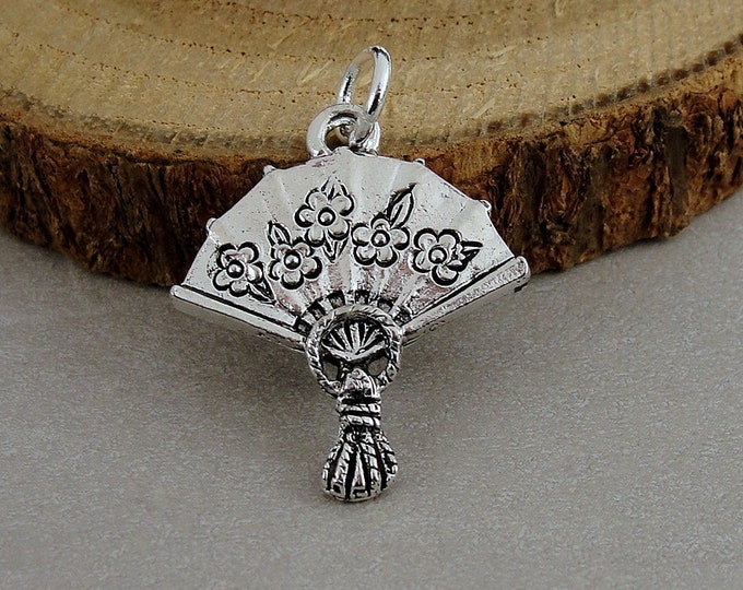 Victorian Fan Charm, Silver Hand Fan Charm, Folding Accordian Fan Charm, Asian Fan Charm, Necklace Charm, Bracelet Charm, Ornate Fan Jewelry