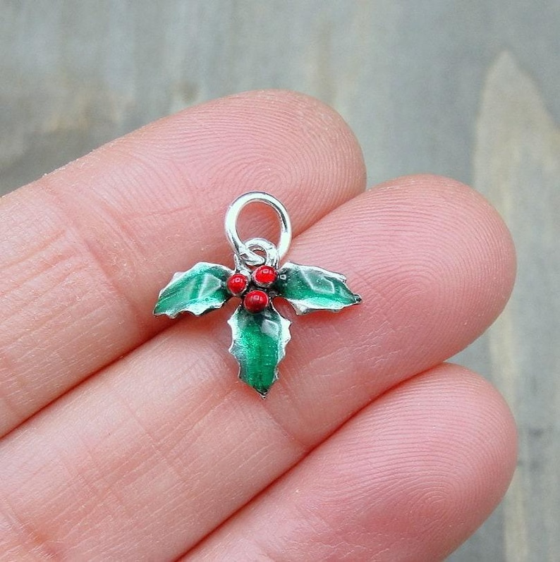 Holly Berries Charm, Silver Christmas Charm, Holly Berry Charm, Mistletoe Charm, Green and Red Holly Berries Pendant, Christmas Jewelry image 2
