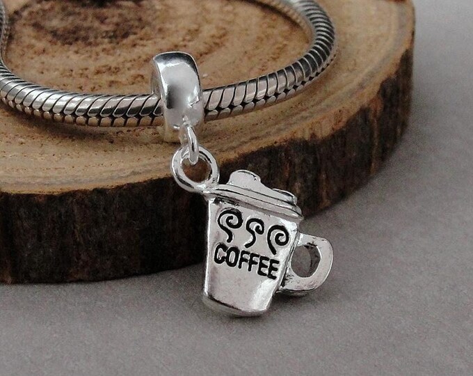 Coffee Cup European Charm, Silver Coffee Mug Dangle Charm, Coffee Lover Charm with Bail, Coffee Cup Large Hole Bead, Barista Charm