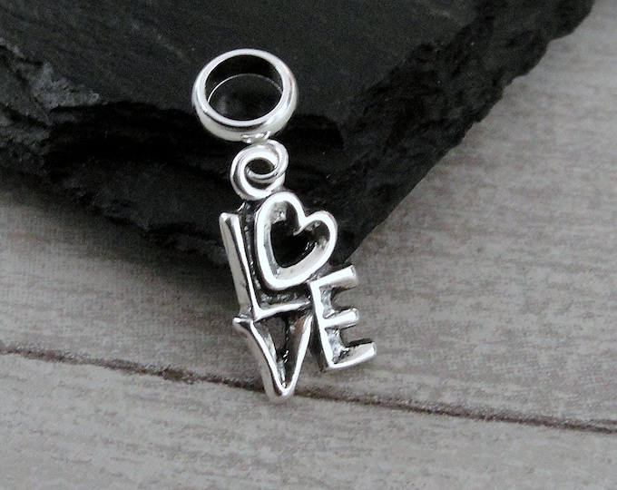 Love Dangle Bead Charm, 925 Sterling Silver Love European Charm, Valentine's Day Charm, Word Love Charm, Bracelet Charm, Large Hole Bead