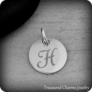 Stainless Steel Letter H Charm, Silver Engraved Letter H Round Disc Initial Charm, Cursive H Charm, Engraved Alphabet Script Font Pendant