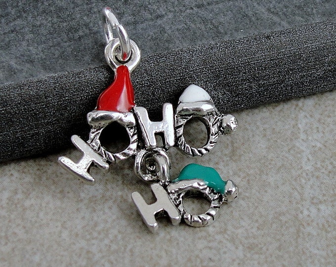 Ho Ho Ho Charm, Silver Christmas Charm, HoHoHo Charm, Santa Claus Charm, Red and Green Christmas Charm, Christmas Jewelry