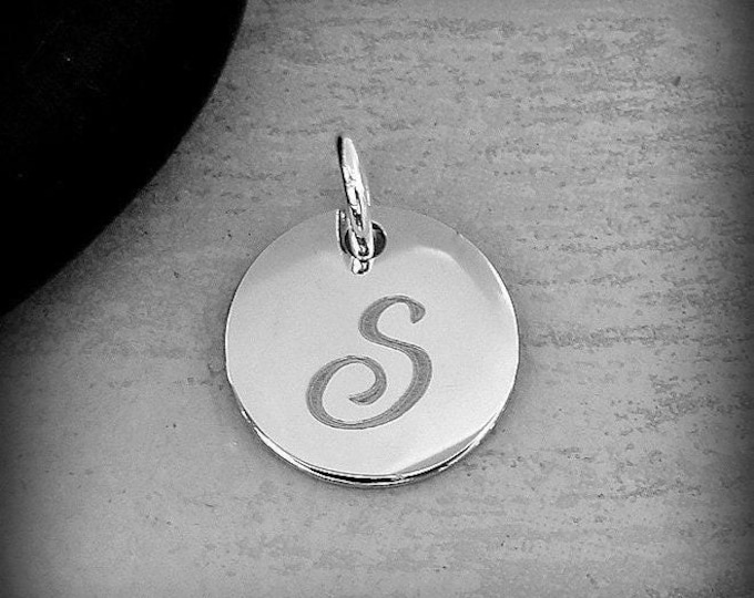 Stainless Steel Letter S Charm, Silver Engraved Letter S Round Disc Initial Charm, Cursive S Charm, Engraved Alphabet Script Font Pendant