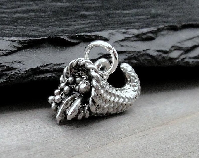 Silver Cornucopia Charm, 3D Horn of Plenty Charm, Thankgiving Charm, Harvest Charm, Cornucopia Pendant, Autumn Charm, Thanksgiving Jewelry