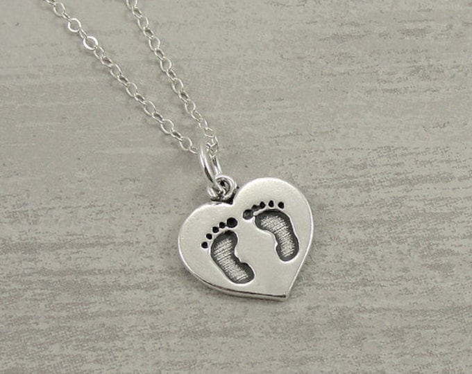 Heart with Baby Feet Necklace, Sterling Silver Baby Footprints Charm on a Silver Cable Chain