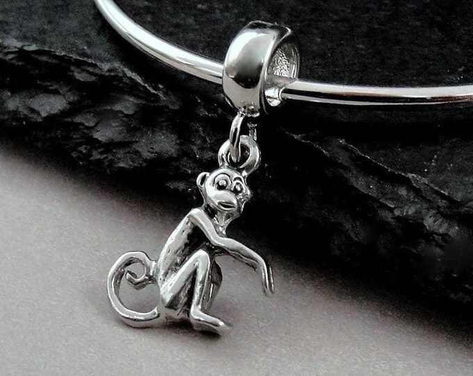 Spider Monkey European Charm, Silver Monkey Dangle Charm, Primate Charm, Jungle Charm, Primate Charm, Large Hole Bead, Monkey Gift Jewelry