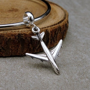 Airplane European Charm, Sterling Silver 3D Airplane Charm, Jet Plane Charm with Bail, Snake Bracelet Charm, Large Hole Bead, Airplane Gift