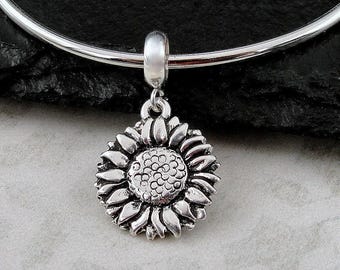 Sunflower European Charm, Silver Sunflower Dangle Charm, Sunflower Charm with Bail, Daisy Charm, Spring Flower Charm, Black Eyed Susan Charm