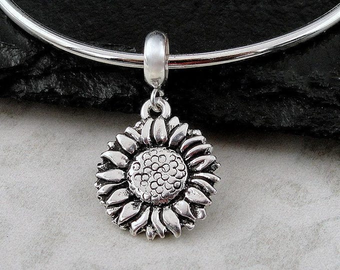 Sunflower European Charm, Silver Sunflower Dangle Charm, Sunflower Charm with Bail, Daisy Charm, Spring Flower Charm, Black Eyed Susan Charm