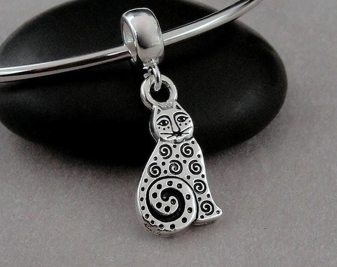 Artsy Cat European Charm, Silver Swirly Cat Dangle Charm, Unique Cat Charm with Bail, Art Deco Cat Dangle Charm, Kitty Cat Large Hole Bead