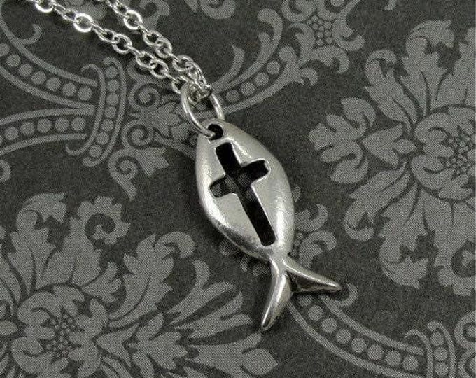 Christian Ichthys Fish Necklace, Silver Jesus Fish Charm on a Silver Cable Chain