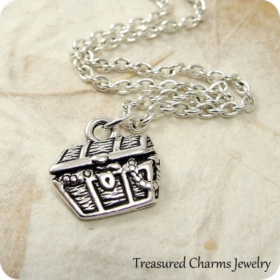 Treasure Chest Necklace, Silver Plated Buried Treasure Chest Charm on a  Silver Cable Chain 