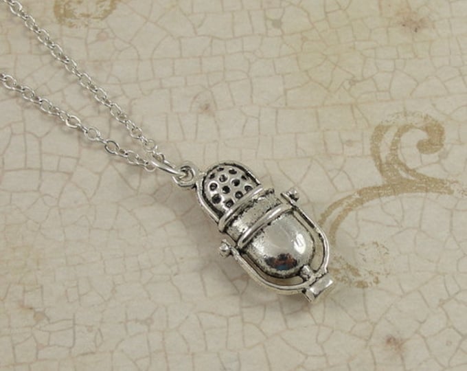 Microphone Necklace, Silver Microphone Charm on a Silver Cable Chain