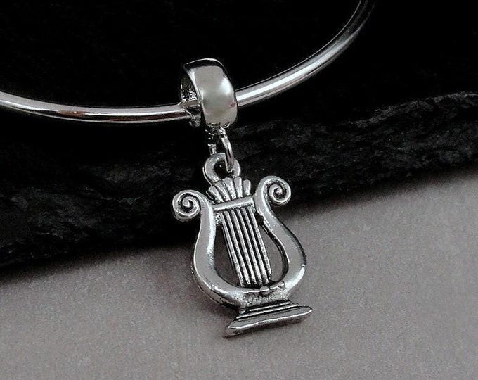 Musical Lyre European Charm, Silver Greek Lyre Dangle Charm, Ancient Harp Charm, Greek Symbol Charm, Sorority Charm, Lyre Large Hole Bead
