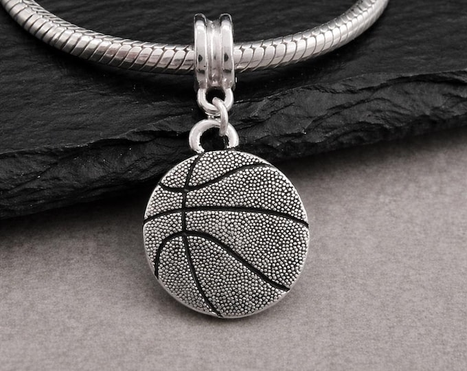 Silver Basketball Charm for European Bracelet, Sports Dangle Charm, Double-sided Ball Pendant with Large Hole Bead Bail
