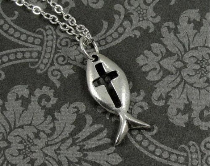 Christian Ichthys Fish Necklace, Silver Jesus Fish Charm on a Silver Cable Chain