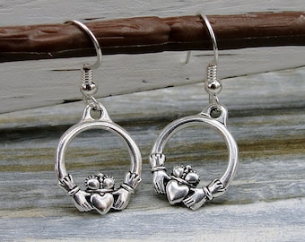 Claddagh Earrings, Silver Celtic Claddagh Dangle Drop Earrings on French Earwires, Celtic Earrings, Claddagh Drop Earrings, Celtic Jewelry
