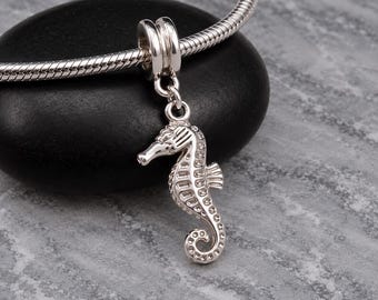 Silver Seahorse European Dangle Charm, Double Sided Seahorse Charm for Snake Chain Bracelet, Ocean Sea Life Bead, Nautical Beach Charm