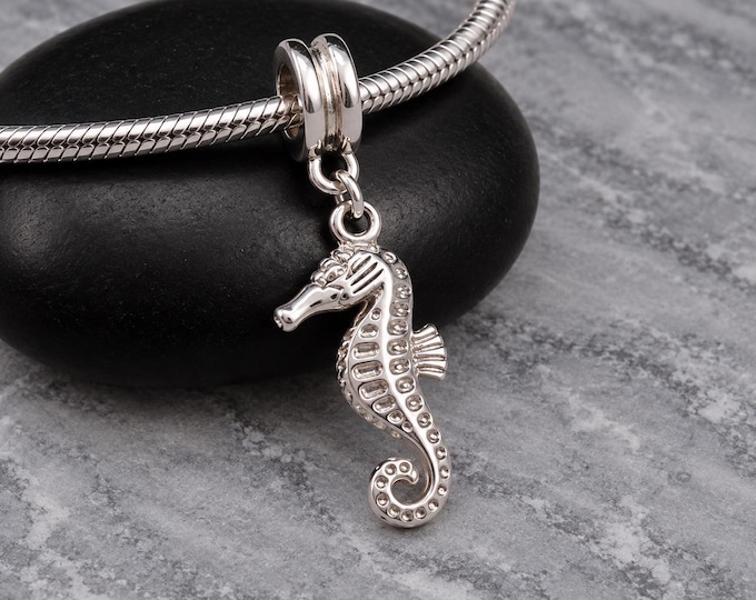 Silver Seahorse European Dangle Charm, Double Sided Seahorse Charm for Snake Chain Bracelet, Ocean Sea Life Bead, Nautical Beach Charm