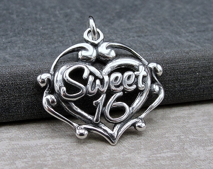 Sweet Sixteen Charm, 925 Sterling Silver Sweet 16 Heart Charm for Necklace or Bracelet, 16th Birthday Charm, 16th Birthday Gift Jewelry
