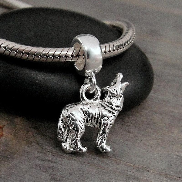 Charm europeo de lobo, charm colgante de lobo plateado, charm de coyote aullando con argolla, charm de lobo aullando 3D, charm de pulsera de serpiente, cuenta con agujero grande